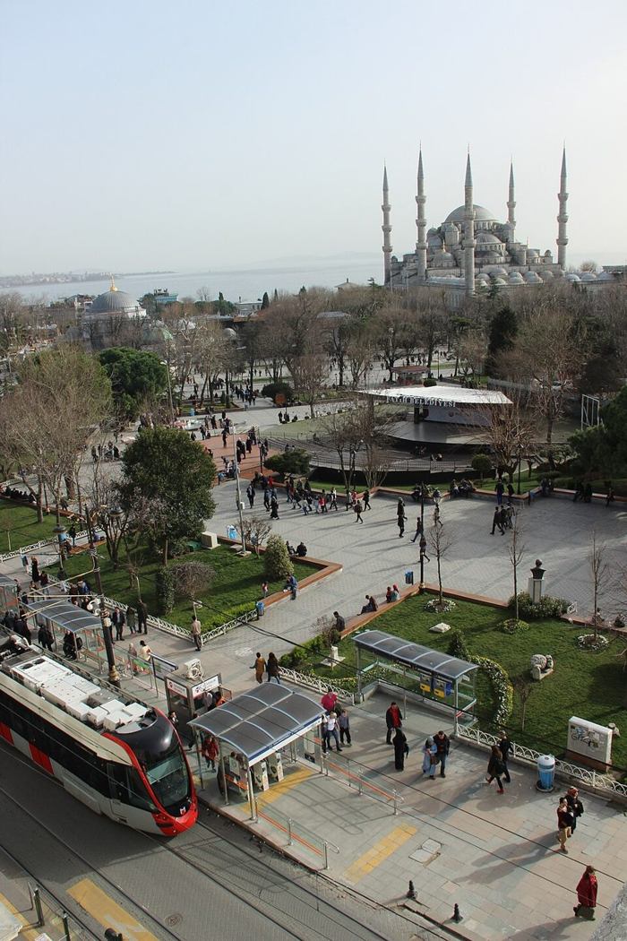 A tram beside the Blue Mosque in Sultanahmet